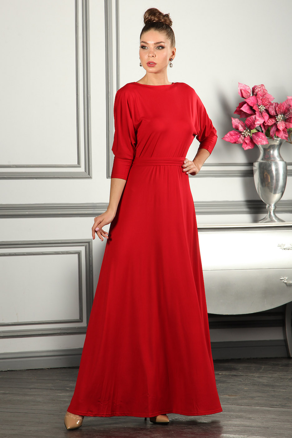 Фото товара 9567, красное вечернее платье в пол с длинными рукавами