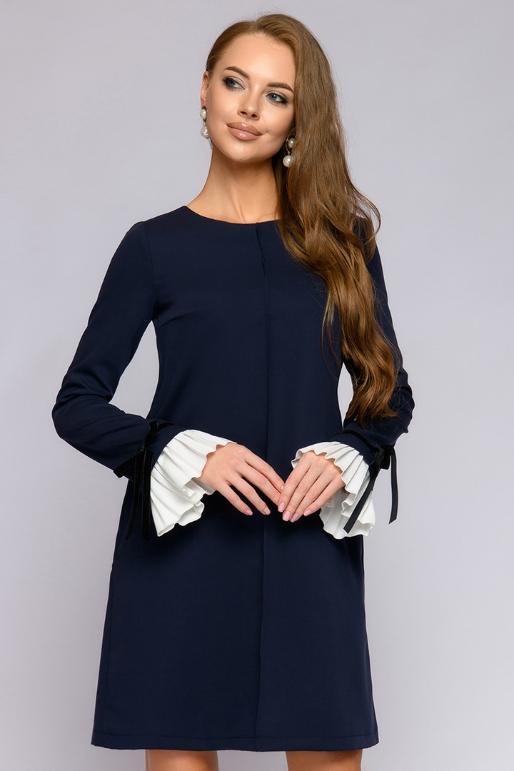 Фото товара 21102, темно-синее платье с контрастными манжетами